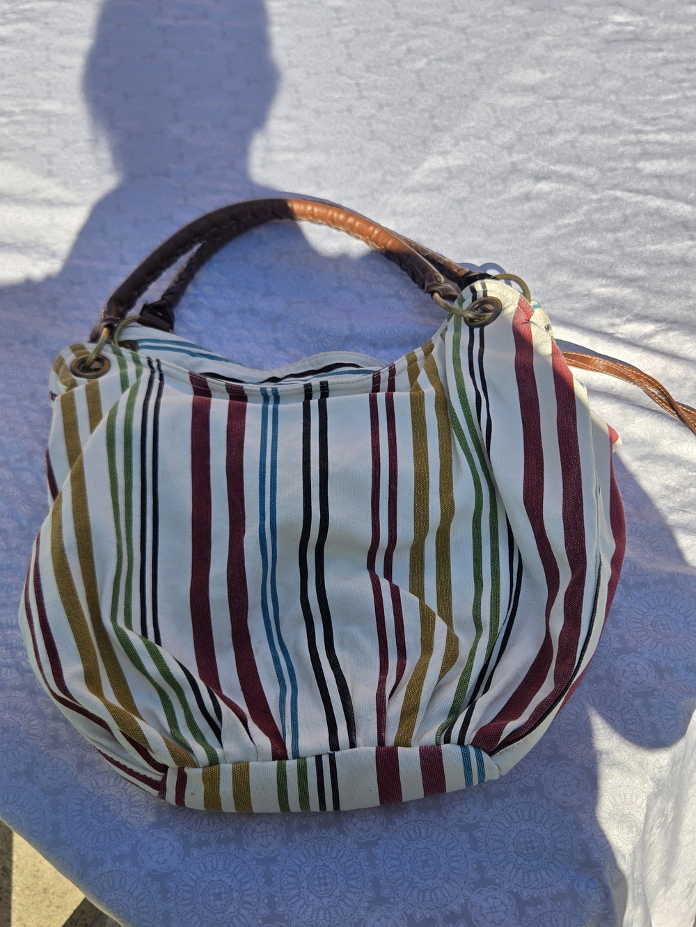 Striped Multicolor Cotton Bag with Brown Handles